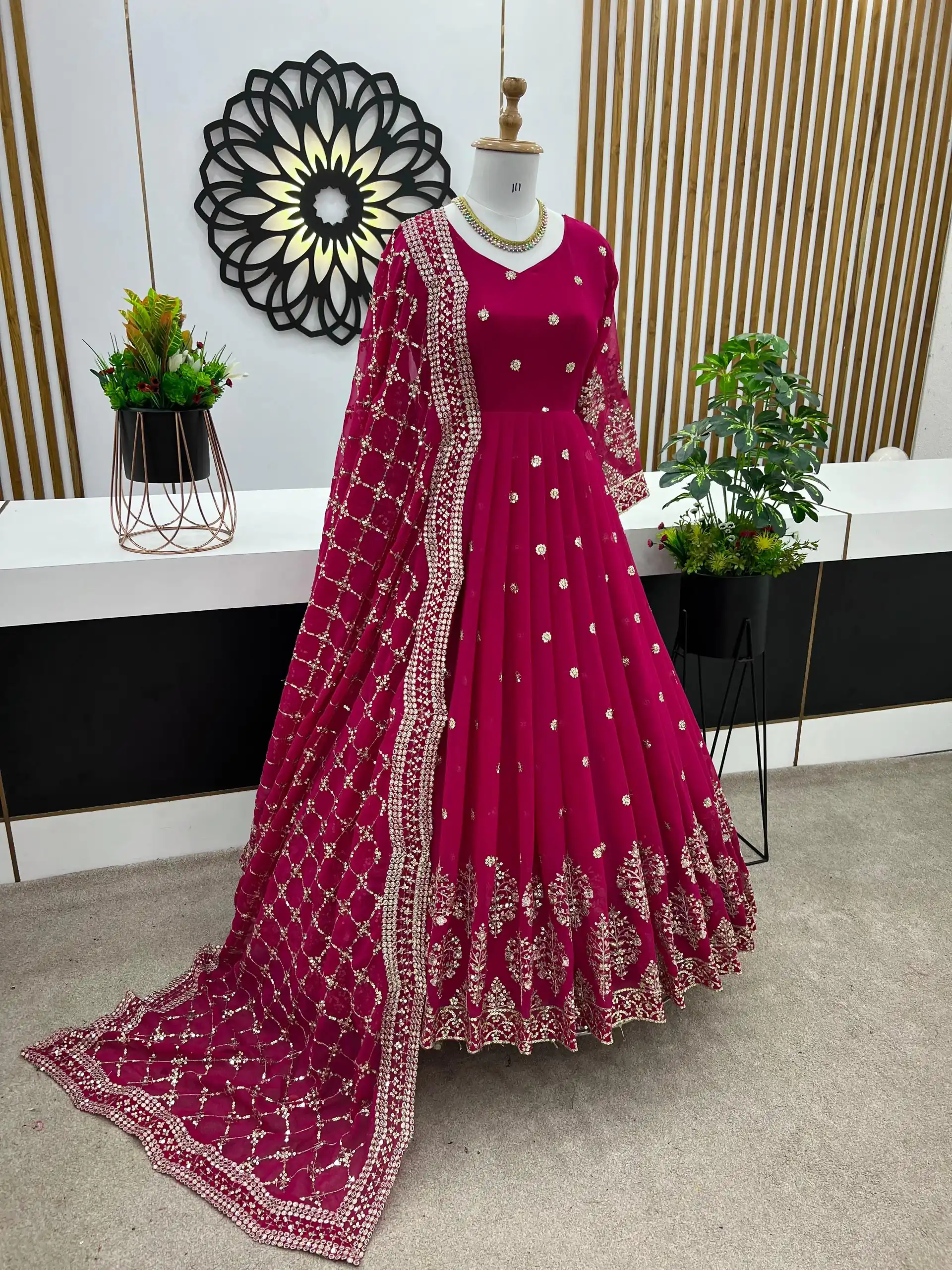 ZF 359 Rani Pink Color Georgette Embroidery Sequence Work Gown Casual, Wedding, Party, Festive, Events Etc. Expected Delivery 4-6 Working Days @1999/- | Gowns, Bollywood Gowns, Creative Gowns, Designer Gowns, Embroidered Gowns, Party Wear Gowns