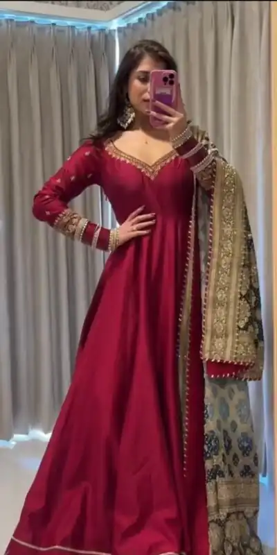 KD 1552 Red Chinon Silk Gown Perfect for Wedding, Party, Family Gatherings, Baisakhi, Baby Shower β . Grab it for βΉ1999. Delivery 4-6 Working Days. | Gowns, Bollywood Gowns, Creative Gowns, Designer Gowns, Embroidered Gowns, Party Wear Gowns