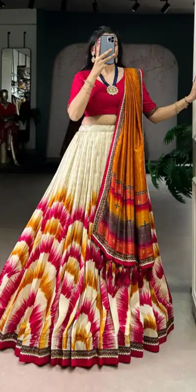 Red Taser Silk Printed Lehenga Choli