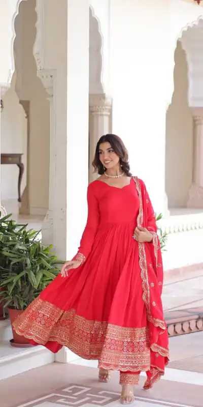 KA 1209 Red Vichitra Silk Gown with Embroidery Work & Sequins Work. Get it for ₹2499. Delivery 4-6 Working Days. Shop now. | Gowns, Bollywood Gowns, Creative Gowns, Designer Gowns, Embroidered Gowns, Party Wear Gowns