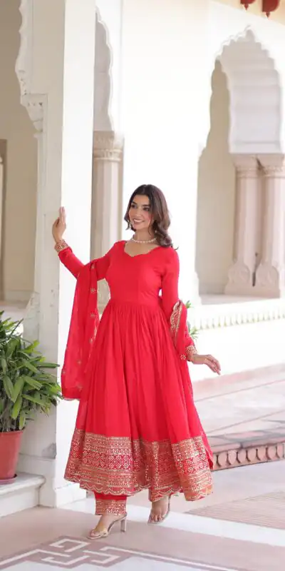 KA 1209 Red Vichitra Silk Gown with Embroidery Work & Sequins Work. Get it for ₹2499. Delivery 4-6 Working Days. Shop now. | Gowns, Bollywood Gowns, Creative Gowns, Designer Gowns, Embroidered Gowns, Party Wear Gowns