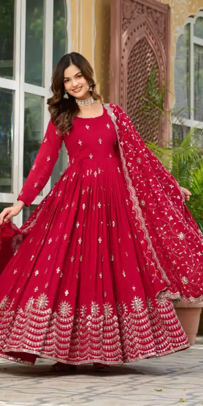 Ram 097 Red Vichitra Silk Gown with Embroidery Work. Wedding, Party, Festive, Events Affordable Price ₹2549. Delivery 4-6 Working Days. Shop now. | Gowns, Bollywood Gowns, Creative Gowns, Designer Gowns, Embroidered Gowns, Party Wear Gowns