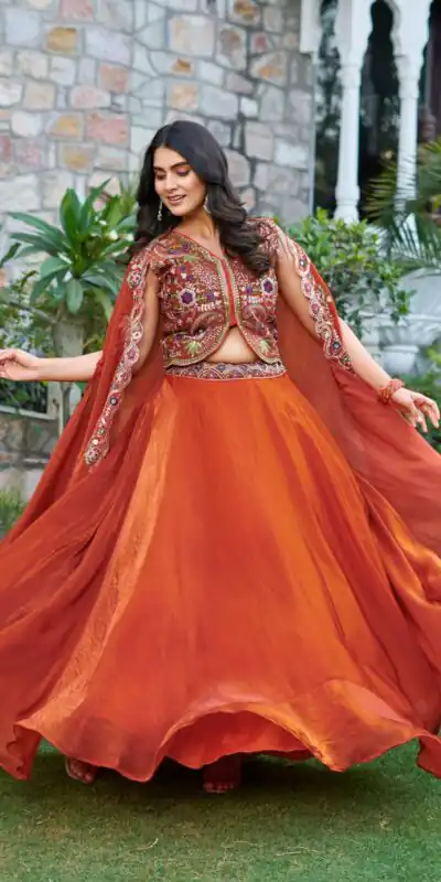 Rust Fendy Silk Embroidery Work Lehenga Choli