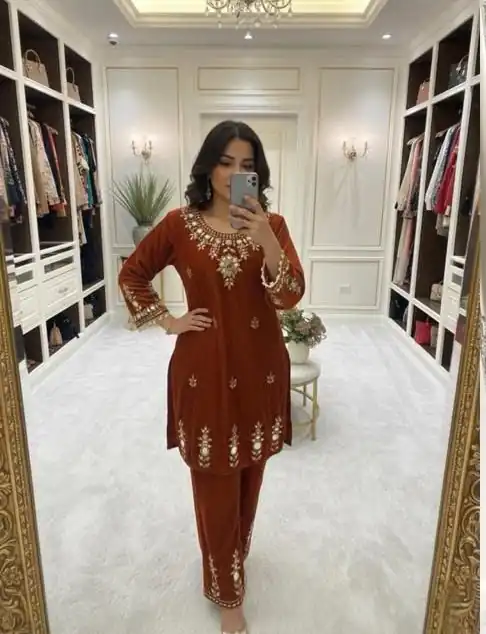 BE 423 Rust Velvet Salwar Suit with Embroidery Work & Mirror Work. Now at just ₹1849. Delivery 4-6 Working Days. Shop now. | Jump Suits, Tops & Bottoms, Track Suits, Salwar suit, Casual Suits, Creative suits, Designer Suits, Palazzo Suits, Party Wear Suits, Patiala Suits, Straight Suits, Trendy Wear