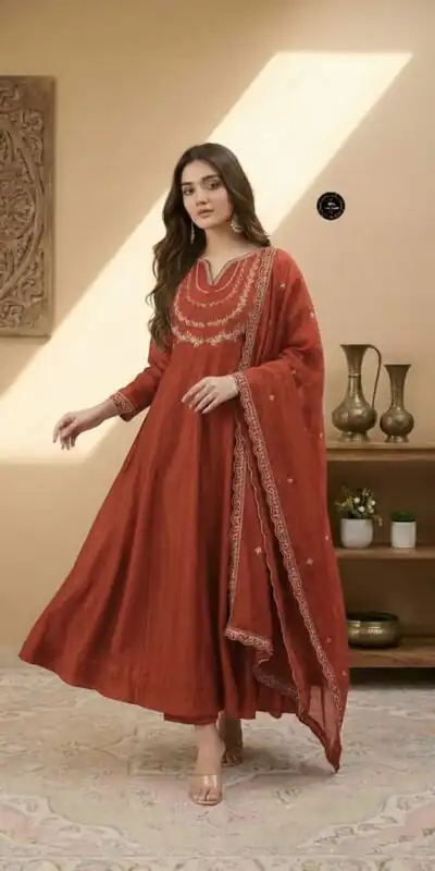 MF 912 Rust Color Vichitra Silk Gown with Sequence Work Designer Work. Get it for ₹1799. Delivery 4-6 Working Days. Shop now. | Gowns, Bollywood Gowns, Creative Gowns, Designer Gowns, Embroidered Gowns, Party Wear Gowns