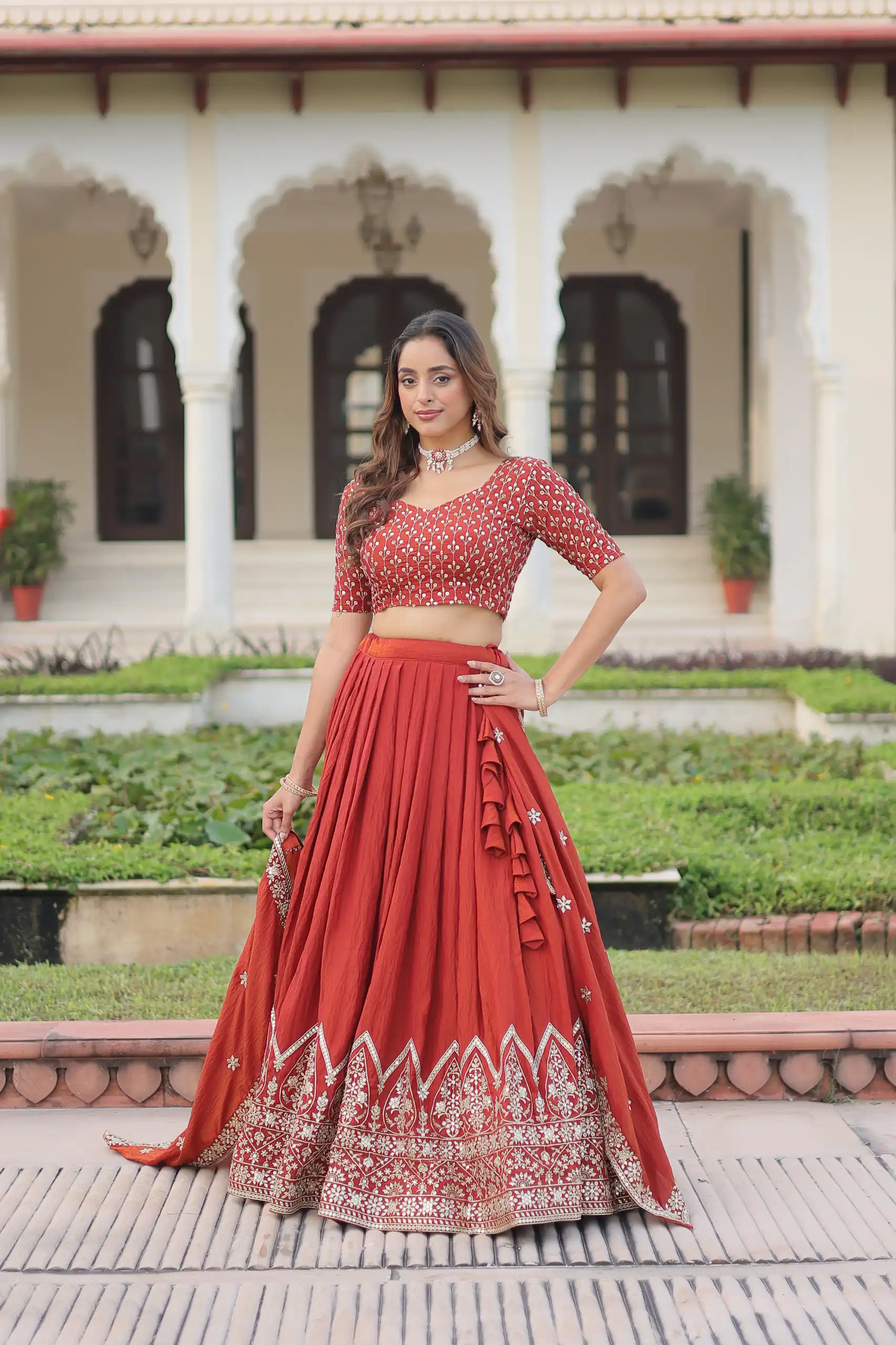 KA 5055 Rust Vichitra Silk Lehenga Choli with Embroidery Work & Sequins Work. Introductory Price ₹3049. Delivery 4-6 Working Days. Shop now. | Lehenga, Bollywood Lehenga, Creative Lehenga, Designer Lehenga, Embroidered Lehenga, Party Wear Lehenga
