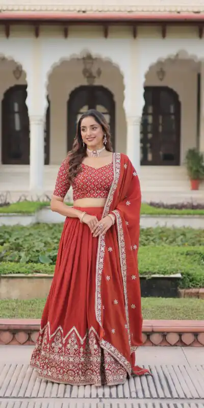 KA 5055 Rust Vichitra Silk Lehenga Choli with Embroidery Work & Sequins Work. Introductory Price βΉ3049. Delivery 4-6 Working Days. Shop now. | Lehenga, Bollywood Lehenga, Creative Lehenga, Designer Lehenga, Embroidered Lehenga, Party Wear Lehenga