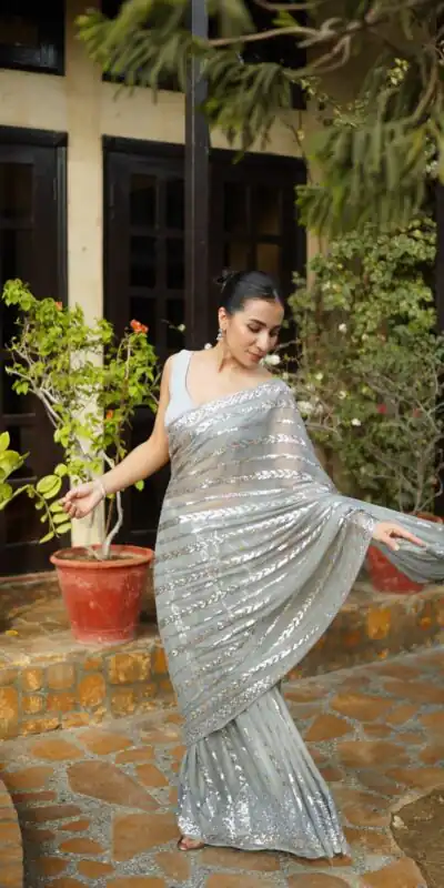 JR 635 Silver Georgette Saree with Lace Work & Embroidery Work. Exclusive Offer ₹1949. Delivery 4-6 Working Days. Shop now. | Sarees, Bollywood Sarees, Creative Sarees, Designer Sarees, Embroidered Sarees, Ethnic Saree, Modern Digital sarees, Party Wear Sarees