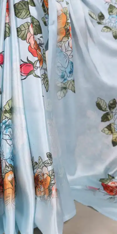 YNF 7004 Sky Blue Color Satin Silk Floral Printed Designer Work Saree . Grab it for ₹1549. Delivery 4-6 Working Days. Shop now. | Sarees, Bollywood Sarees, Creative Sarees, Designer Sarees, Embroidered Sarees, Ethnic Saree, Modern Digital sarees, Party Wear Sarees