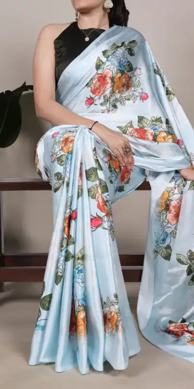YNF 7004 Sky Blue Color Satin Silk Floral Printed Designer Work Saree . Grab it for ₹1549. Delivery 4-6 Working Days. Shop now. | Sarees, Bollywood Sarees, Creative Sarees, Designer Sarees, Embroidered Sarees, Ethnic Saree, Modern Digital sarees, Party Wear Sarees
