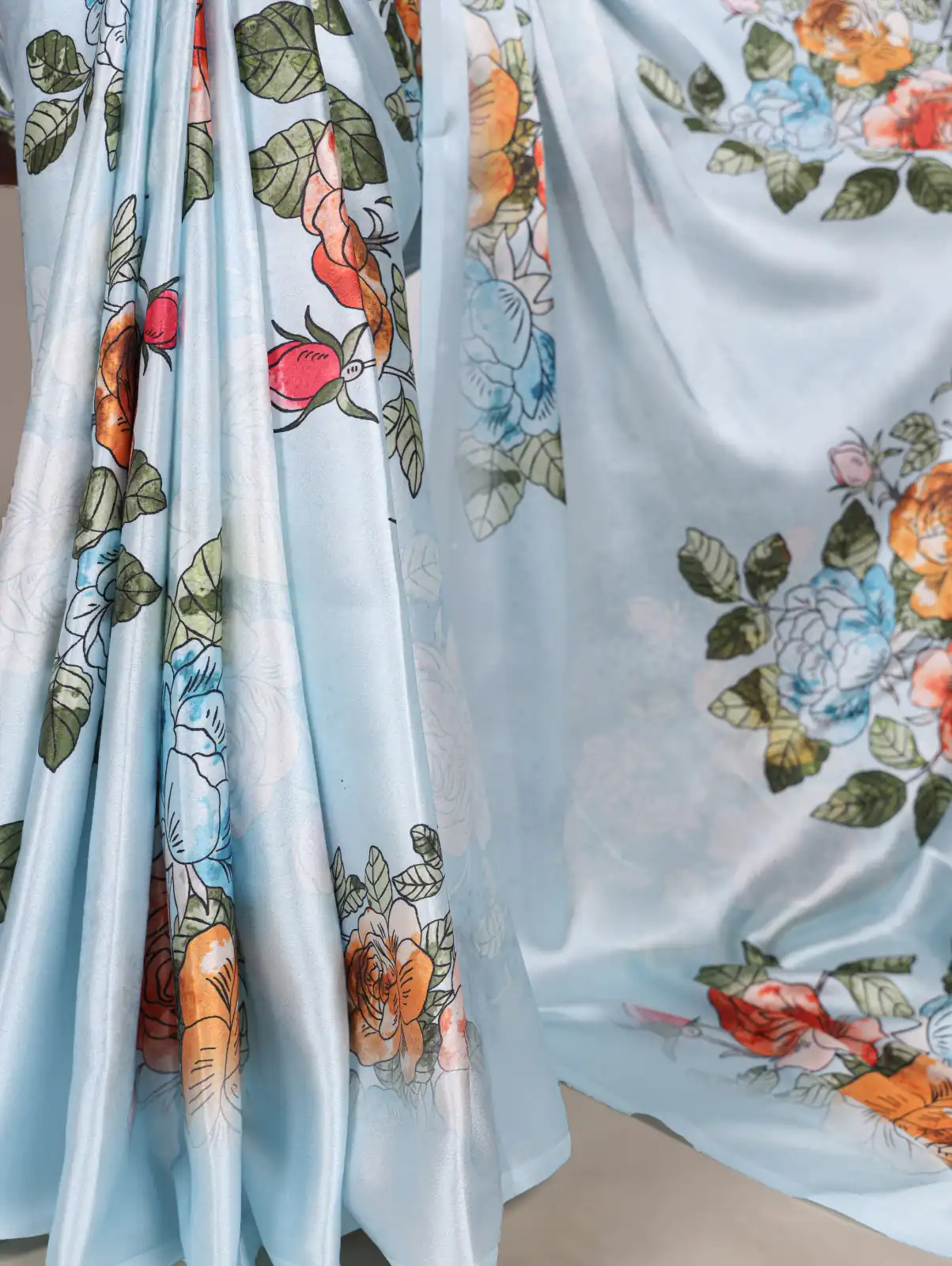 Sky Blue Satin Silk With Floral Printed Saree - Image 2