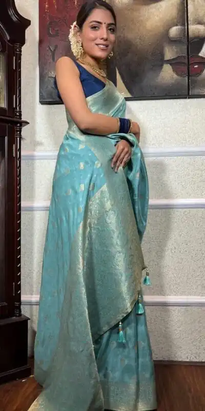 KPR 210 Sky Blue Soft Lichi Silk Saree with Lace Work & Lace Border. Special Price ₹1399. Delivery 4-6 Working Days. Shop now. | Sarees, Bollywood Sarees, Creative Sarees, Designer Sarees, Embroidered Sarees, Ethnic Saree, Modern Digital sarees, Party Wear Sarees