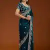 Teal Fandy Satin Silk Embroidery Work Saree