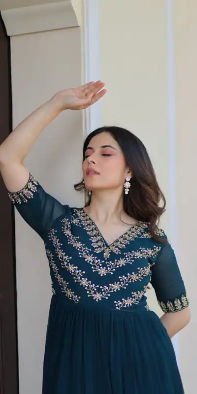 KA 1172 Teal in Faux Blooming Embroidery Work & Sequins Work Gown . Affordable Price ₹1749. Delivery 4-6 Working Days. Shop now. | Gowns, Bollywood Gowns, Creative Gowns, Designer Gowns, Embroidered Gowns, Party Wear Gowns