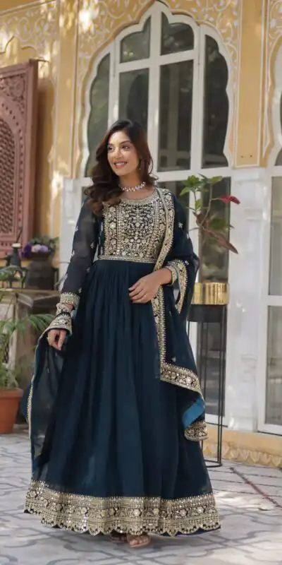 KA 1153 Teal Faux Blooming Gown with Embroidery Work & Zari Work. Available at ₹2599 only. Delivery 4-6 Working Days. Shop now. | Gowns, Bollywood Gowns, Creative Gowns, Designer Gowns, Embroidered Gowns, Party Wear Gowns