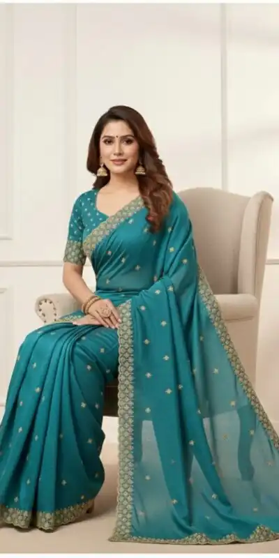 JR 659 Teal in Color Star Georgette Embroidery Work Saree . Available at ₹1799 only. Delivery 4-6 Working Days. Shop now. | Sarees, Bollywood Sarees, Creative Sarees, Designer Sarees, Embroidered Sarees, Ethnic Saree, Modern Digital sarees, Party Wear Sarees