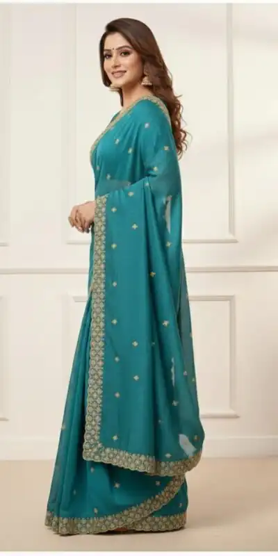 JR 659 Teal in Color Star Georgette Embroidery Work Saree . Available at ₹1799 only. Delivery 4-6 Working Days. Shop now. | Sarees, Bollywood Sarees, Creative Sarees, Designer Sarees, Embroidered Sarees, Ethnic Saree, Modern Digital sarees, Party Wear Sarees
