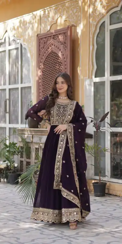 KA 1153 Wine Faux Blooming Gown with Embroidery Work & Zari Work. Available at ₹2599 only. Delivery 4-6 Working Days. Shop now. | Gowns, Bollywood Gowns, Creative Gowns, Designer Gowns, Embroidered Gowns, Party Wear Gowns
