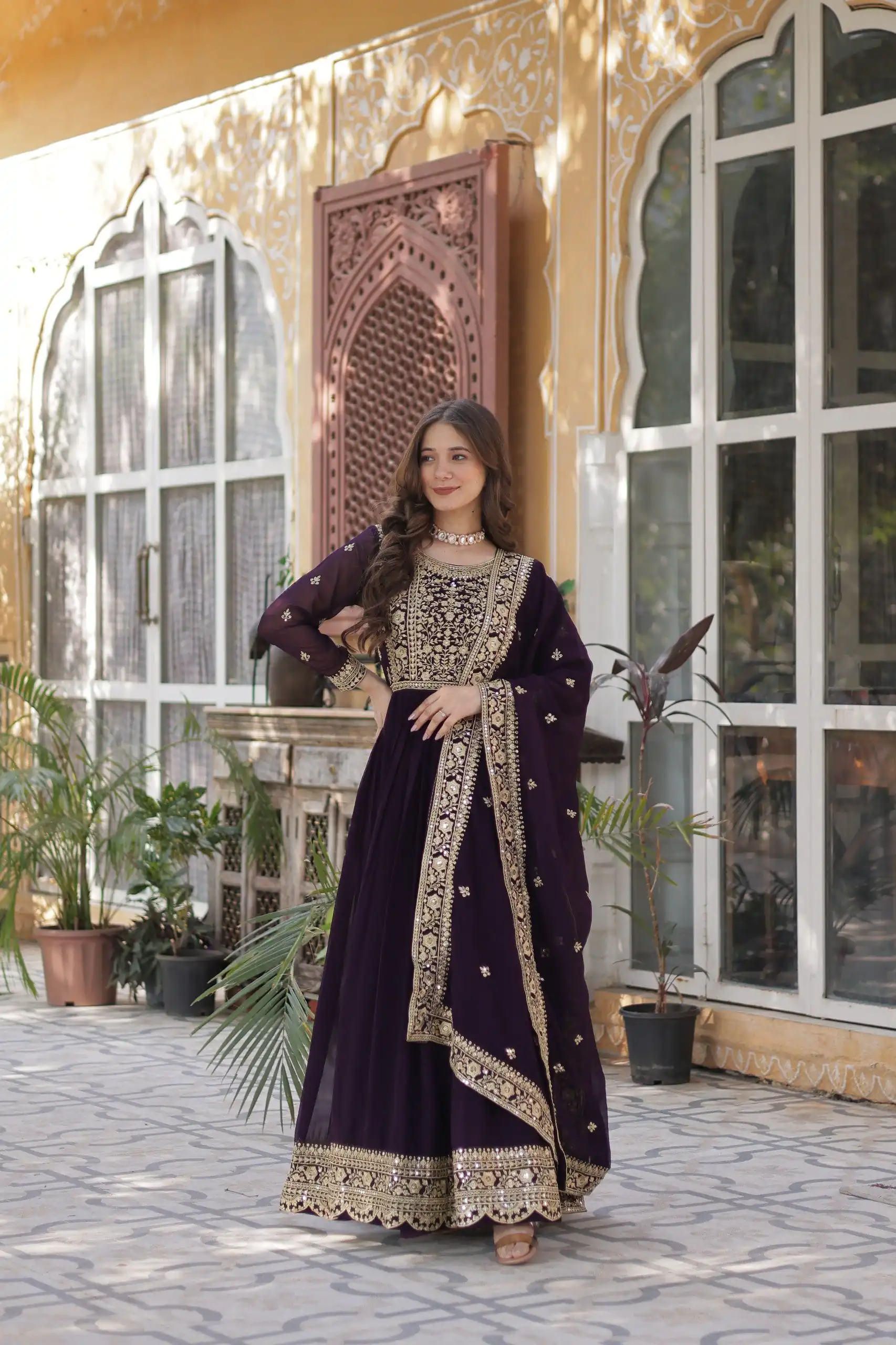 KA 1153 Wine Faux Blooming Gown with Embroidery Work & Zari Work. Available at ₹2599 only. Delivery 4-6 Working Days. Shop now. | Gowns, Bollywood Gowns, Creative Gowns, Designer Gowns, Embroidered Gowns, Party Wear Gowns