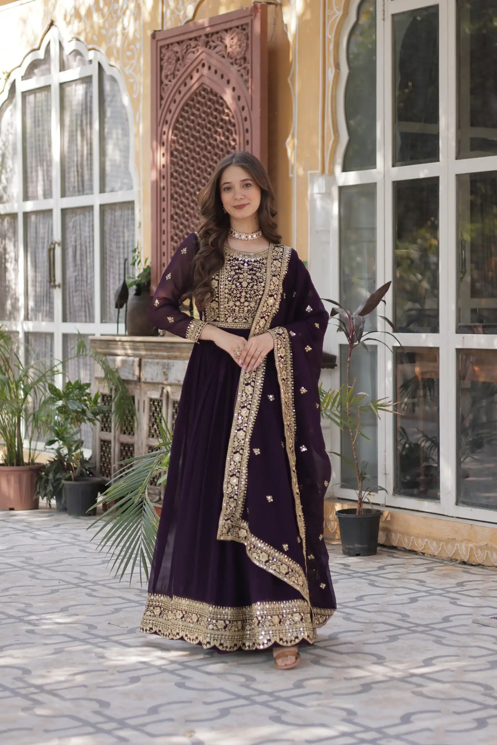 KA 1153 Wine Faux Blooming Gown with Embroidery Work & Zari Work. Available at ₹2599 only. Delivery 4-6 Working Days. Shop now. | Gowns, Bollywood Gowns, Creative Gowns, Designer Gowns, Embroidered Gowns, Party Wear Gowns