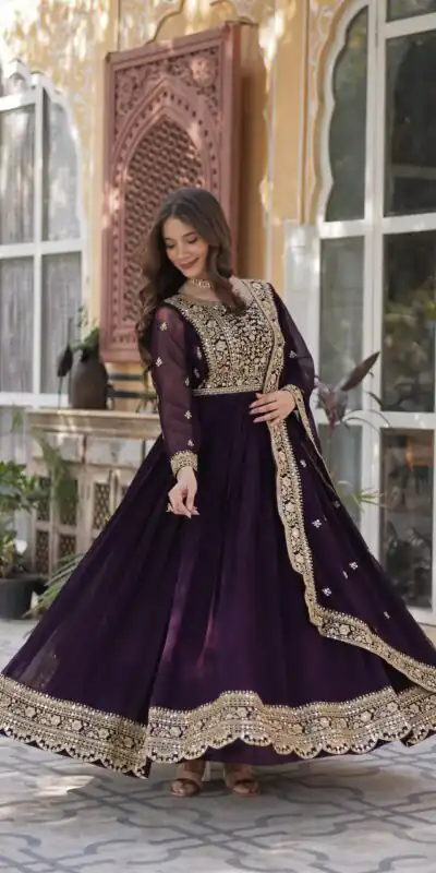 KA 1153 Wine Faux Blooming Gown with Embroidery Work & Zari Work. Available at βΉ2599 only. Delivery 4-6 Working Days. Shop now. | Gowns, Bollywood Gowns, Creative Gowns, Designer Gowns, Embroidered Gowns, Party Wear Gowns