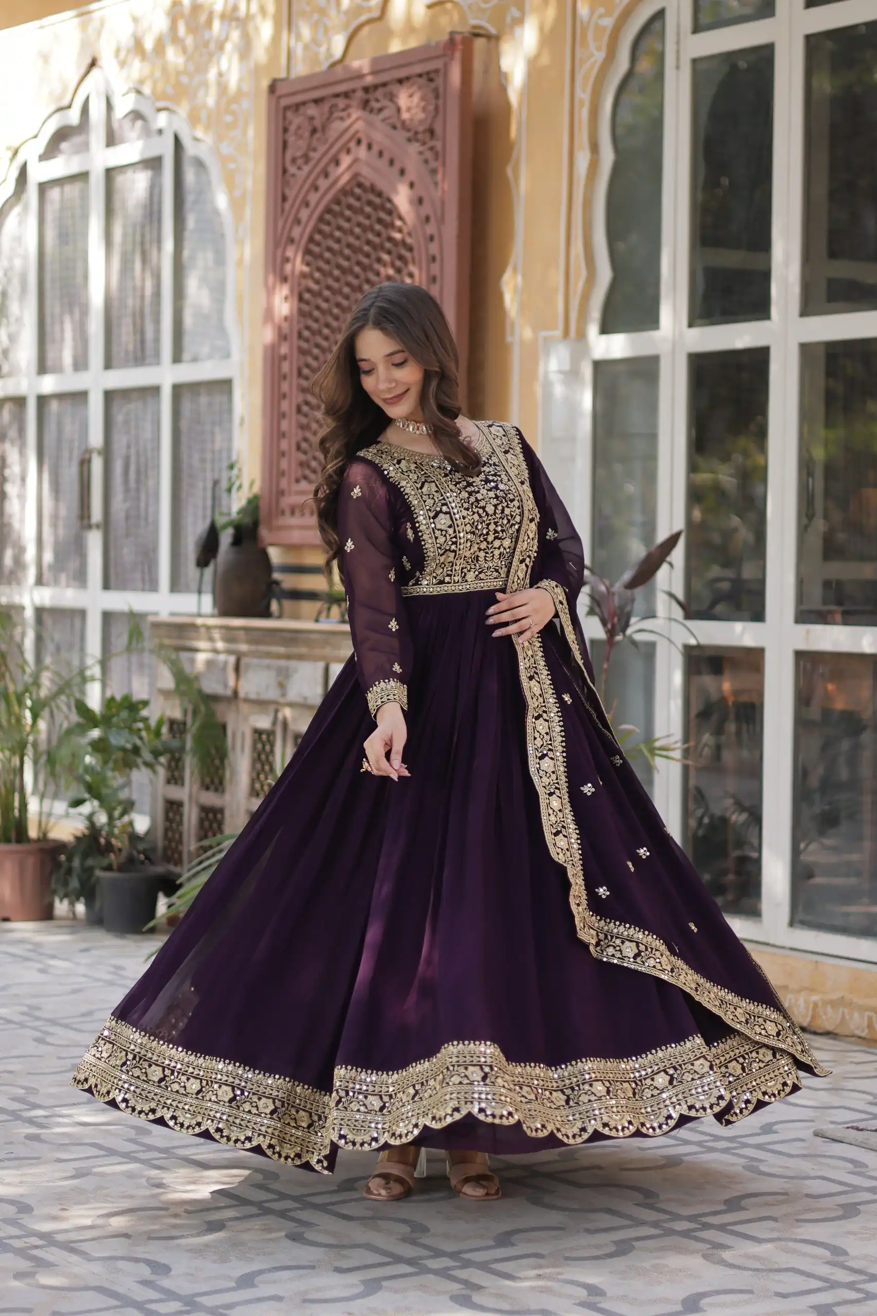KA 1153 Wine Faux Blooming Gown with Embroidery Work & Zari Work. Available at ₹2599 only. Delivery 4-6 Working Days. Shop now. | Gowns, Bollywood Gowns, Creative Gowns, Designer Gowns, Embroidered Gowns, Party Wear Gowns