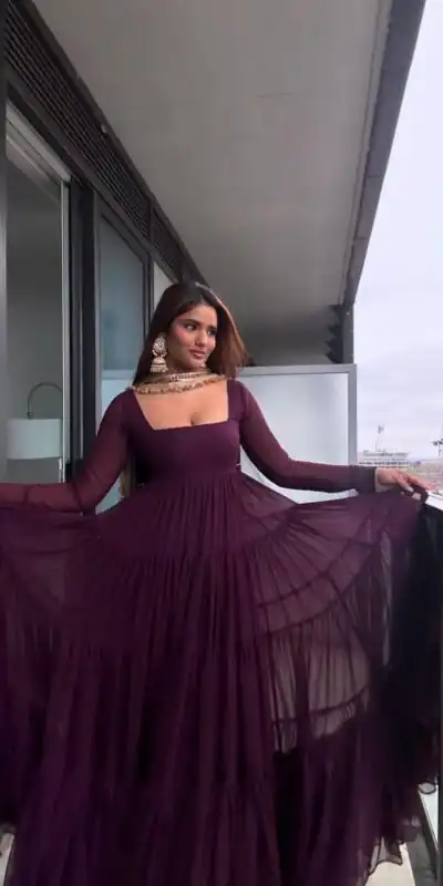 KD 1539 Wine Faux Georgette Ruffle Style Gown. Wedding, Party, Festive, Events Grab it for ₹2099. Delivery 4-6 Working Days. Shop now. | Gowns, Bollywood Gowns, Creative Gowns, Designer Gowns, Embroidered Gowns, Party Wear Gowns