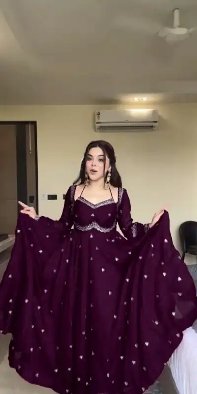 RTC 5924 Wine Georgette Thread With Sequence Gown Perfect for Wedding, Party, Reception, Holi, Eid . Available at ₹1999 only. Delivery 4-6 Working Days. | Gowns, Bollywood Gowns, Creative Gowns, Designer Gowns, Embroidered Gowns, Party Wear Gowns