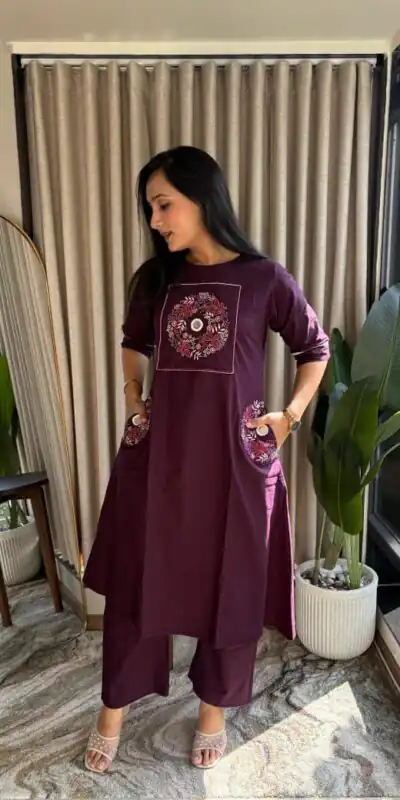 MF 1114 Wine Soft Cotton Slub Kurti with Embroidery Work. Wedding, Party, Festive, Events, Grab it for ₹1549. Delivery 4-6 Working Days. Shop now. | Kurti, Bollywood Kurti, Creative Kurtis, Designer Kurti, Party Wear Kurti, Selfie Kurti