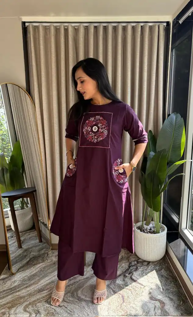 MF 1114 Wine Soft Cotton Slub Kurti with Embroidery Work. Wedding, Party, Festive, Events, Grab it for ₹1549. Delivery 4-6 Working Days. Shop now. | Kurti, Bollywood Kurti, Creative Kurtis, Designer Kurti, Party Wear Kurti, Selfie Kurti