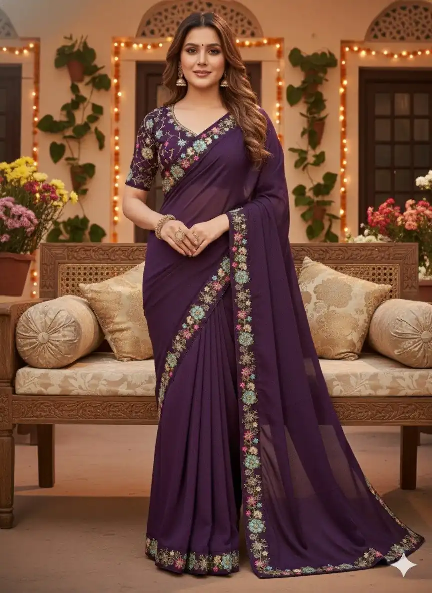 JR 658 Wine in Color Star Georgette ace Work & Embroidery Work Saree . Now at just ₹1699. Delivery 4-6 Working Days. Shop now. | Sarees, Bollywood Sarees, Creative Sarees, Designer Sarees, Embroidered Sarees, Ethnic Saree, Modern Digital sarees, Party Wear Sarees