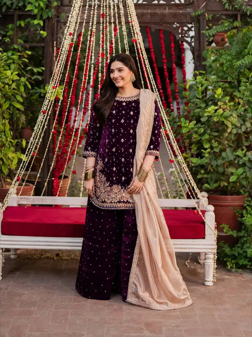 Wine Viscose Velvet Thread Sequence Work Salwar Suit