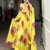 YNF 5103 Yellow Lace Work Gown in Chiffon. Get it for ₹1899. Wedding, Party, Festive, Events Delivery 4-6 Working Days. Shop now. | Gowns, Bollywood Gowns, Creative Gowns, Designer Gowns, Embroidered Gowns, Party Wear Gowns