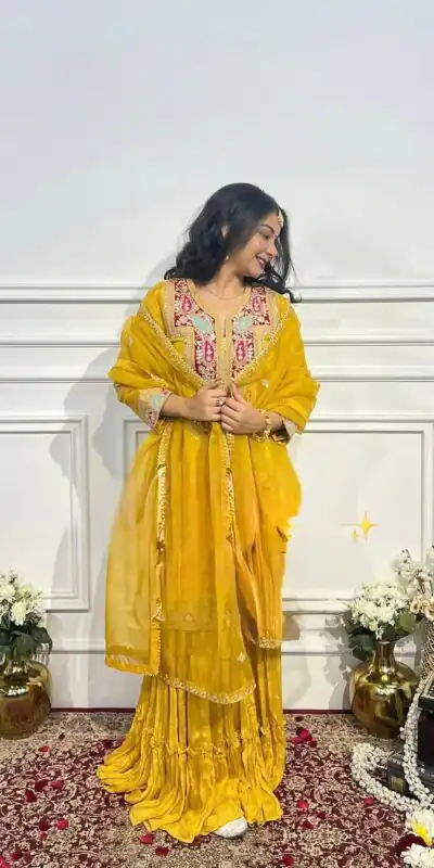SSR 505 Yellow Chinon Silk With Salwar Suit Perfect for Wedding, Party, Durga Puja, Anniversary, Ethnic Day . Delivery 4-6 Working Days. At 2049 Shop now. | Gowns, Bollywood Gowns, Creative Gowns, Designer Gowns, Embroidered Gowns, Party Wear Gowns
