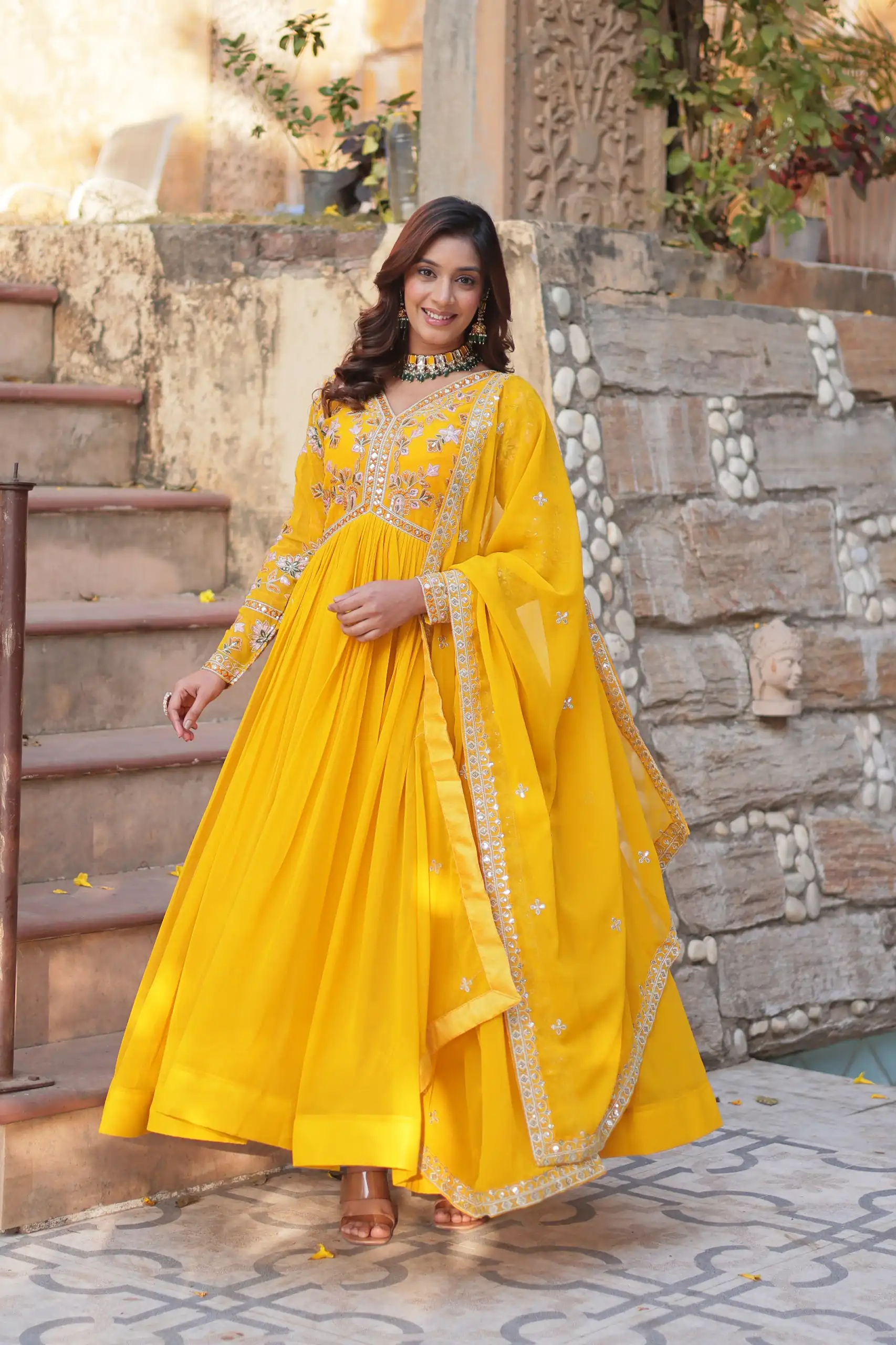 KA 1147 Yellow in Color Faux Blooming Embroidery Work & Zari Work Gown . Grab it for ₹2049. Delivery 4-6 Working Days. Shop now. | Gowns, Bollywood Gowns, Creative Gowns, Designer Gowns, Embroidered Gowns, Party Wear Gowns