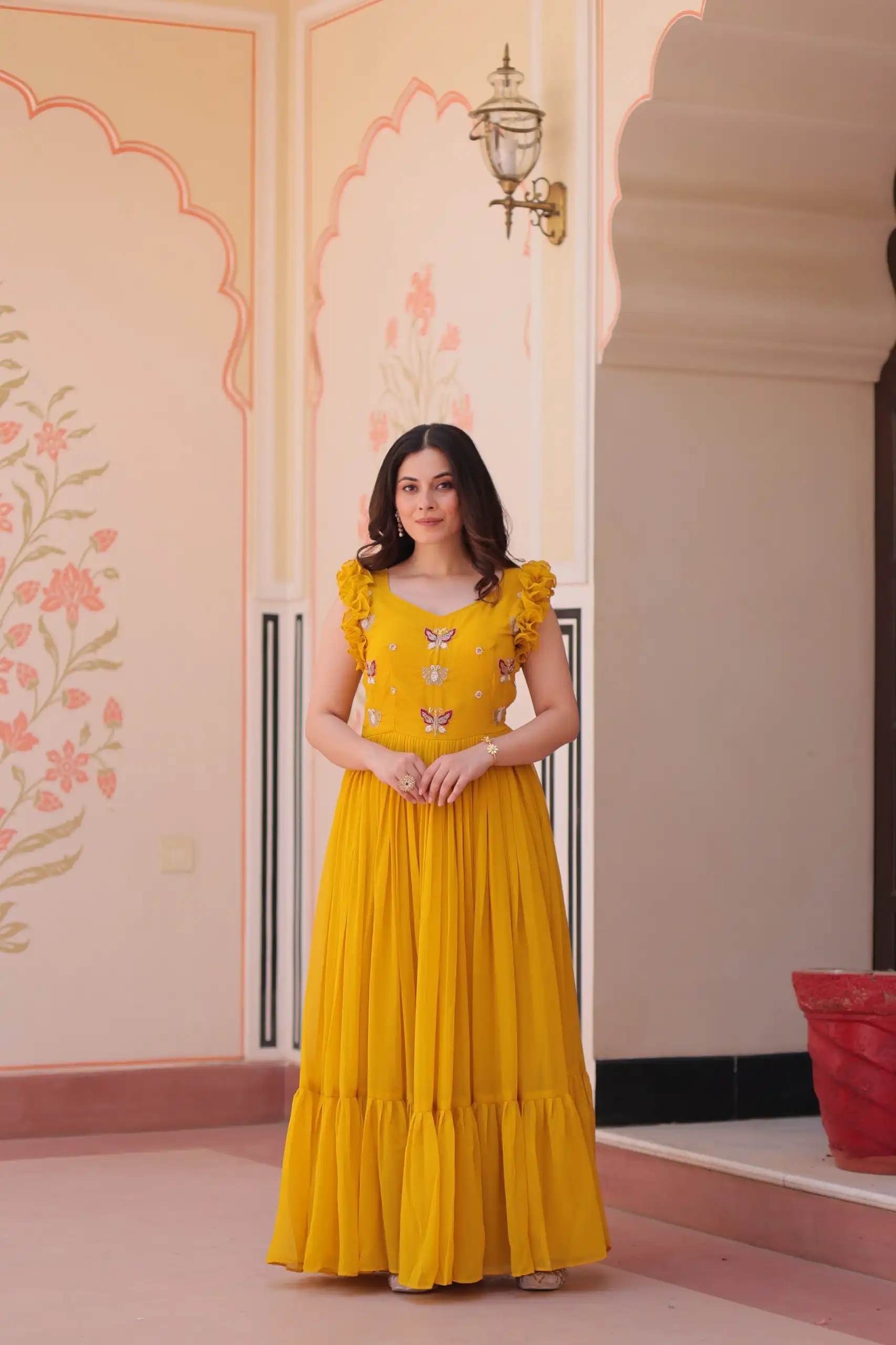 KA 1174 Yellow Faux Blooming Gown Perfect for Wedding, Party, Housewarming, Baby Shower, Raksha Bandhan – . Now at just ₹1699. Delivery 4-6 Working Dasy | Gowns, Bollywood Gowns, Creative Gowns, Designer Gowns, Embroidered Gowns, Party Wear Gowns