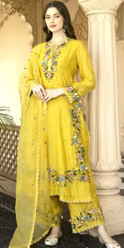 Yellow Faux Georgette Embroidery Lace Work Salwar Suit
