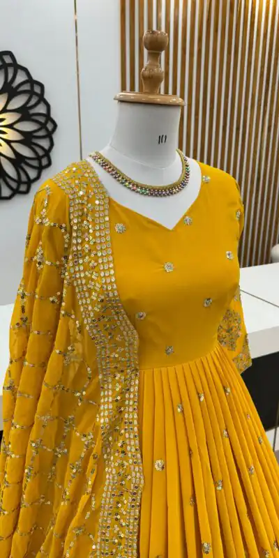 ZF 359 Yellow Color Georgette Embroidery Sequence Work Gown Casual, Wedding, Party, Festive, Events Etc. Expected Delivery 4-6 Working Days @1999/- | Gowns, Bollywood Gowns, Creative Gowns, Designer Gowns, Embroidered Gowns, Party Wear Gowns