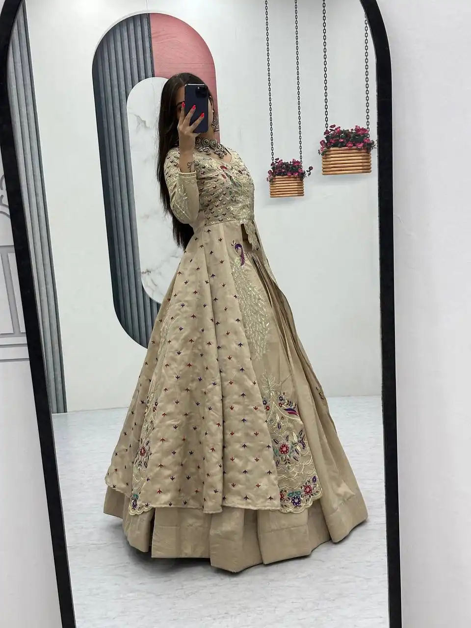 Cream Vichitra Sequence Work Lehenga Choli - Image 7