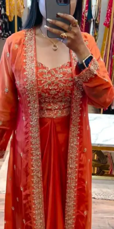 Alternative view of Orange Chinon Silk With Embroidery Work Dhoti Suit