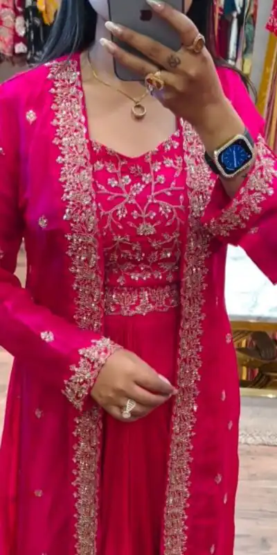 Alternative view of Pink Chinon Silk With Embroidery Work Dhoti Suit