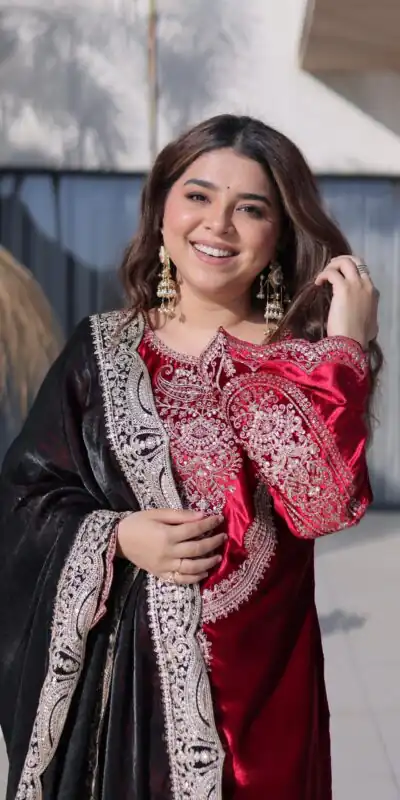Alternative view of Red Ice Velvet Embroidery Zari Work Salwar Suit