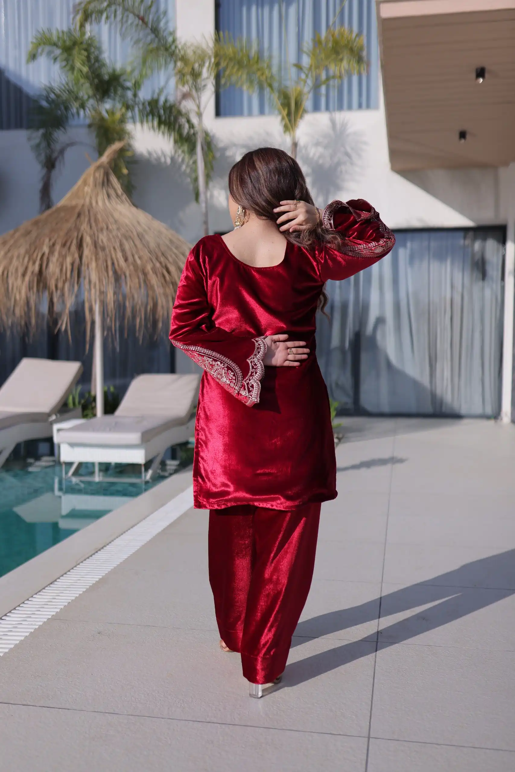 Red Ice Velvet Embroidery Zari Work Salwar Suit - Image 6