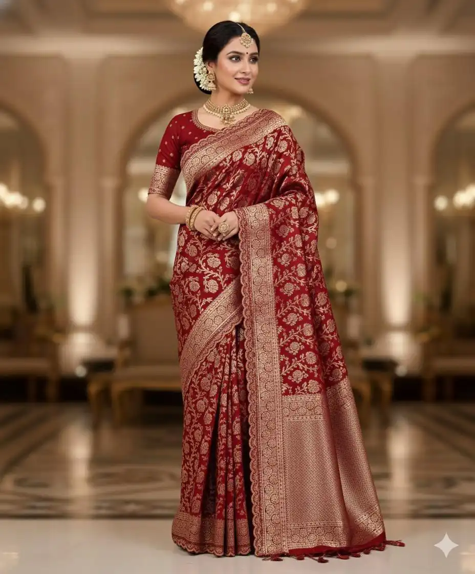 Red Litchi Silk Embroidery Lace Work Saree