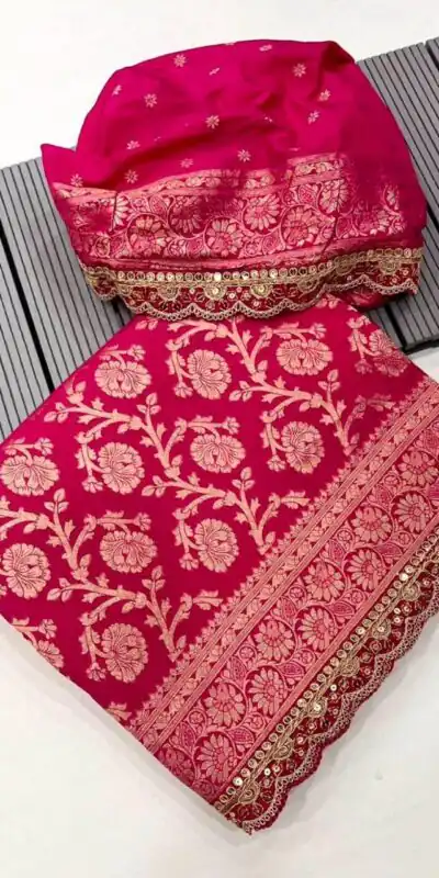 Alternative view of Pink Litchi Silk Embroidery Lace Work Saree