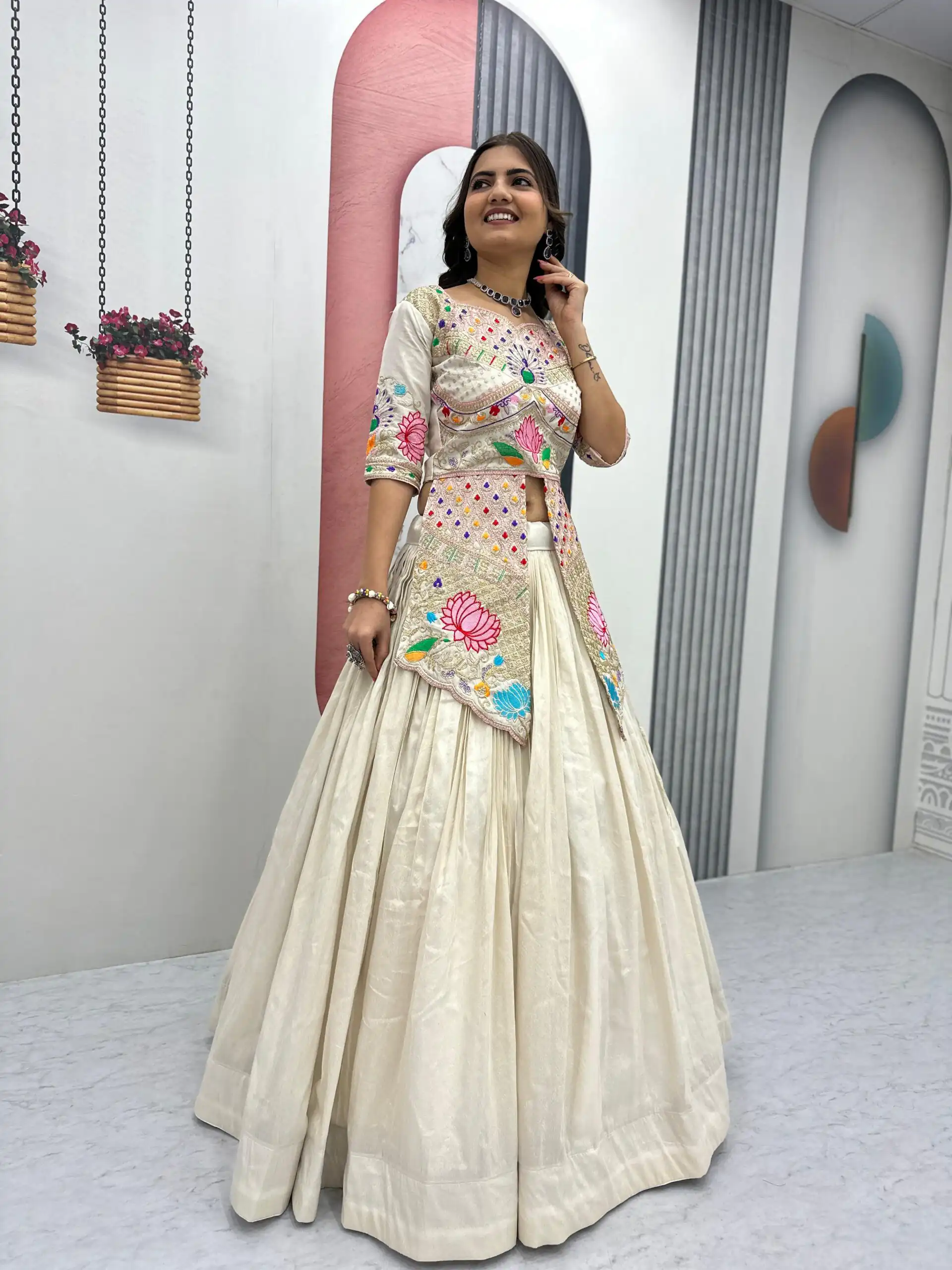 Cream Simar Cosmos Embroidery Work Lehenga Choli - Image 7