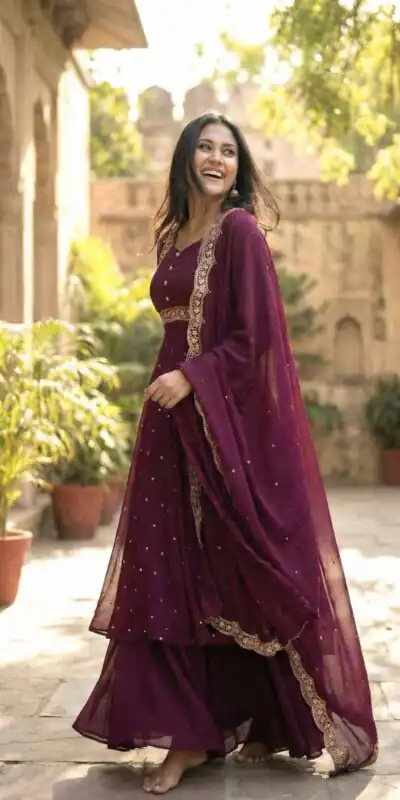 Wine Vichitra Silk Zari Embroidery Work Salwar Suit