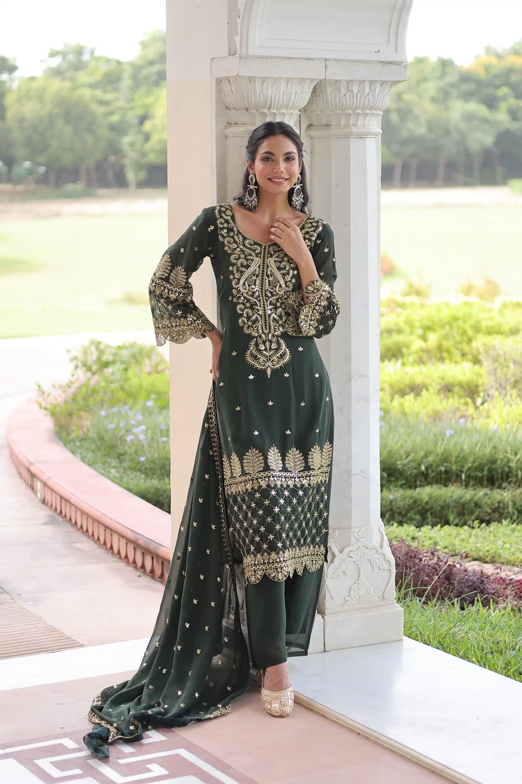 Green Faux Blooming Embroidered Work Salwar Suit - Image 4
