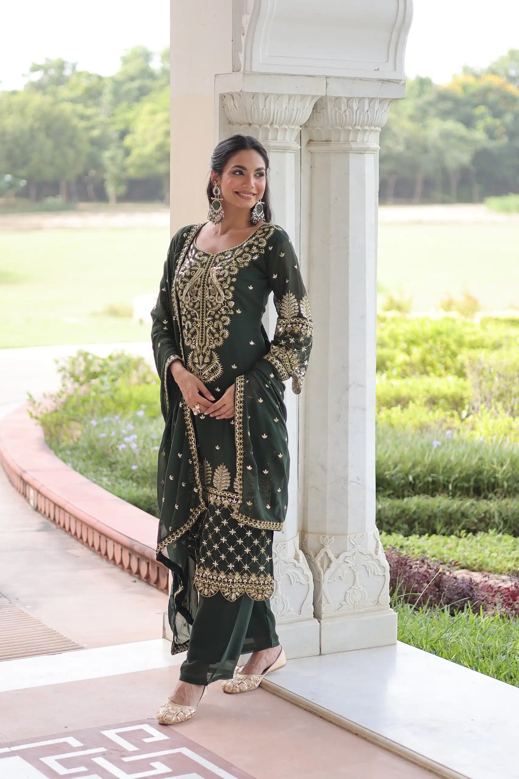 Green Faux Blooming Embroidered Work Salwar Suit - Image 5
