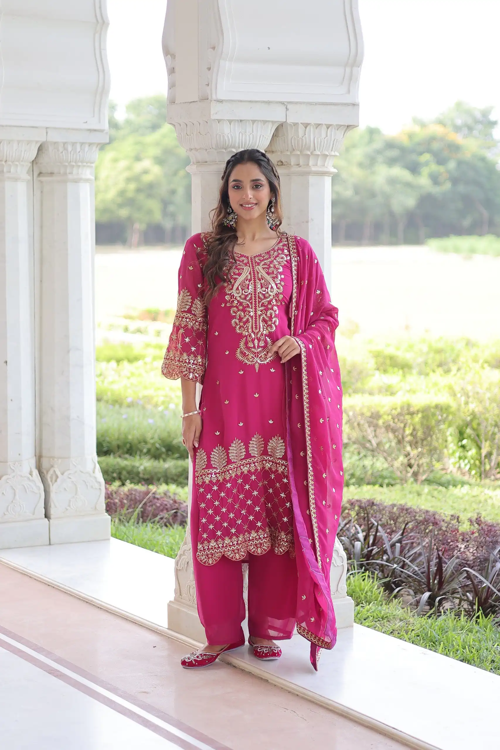 Pink Faux Blooming Embroidered Work Salwar Suit - Image 3